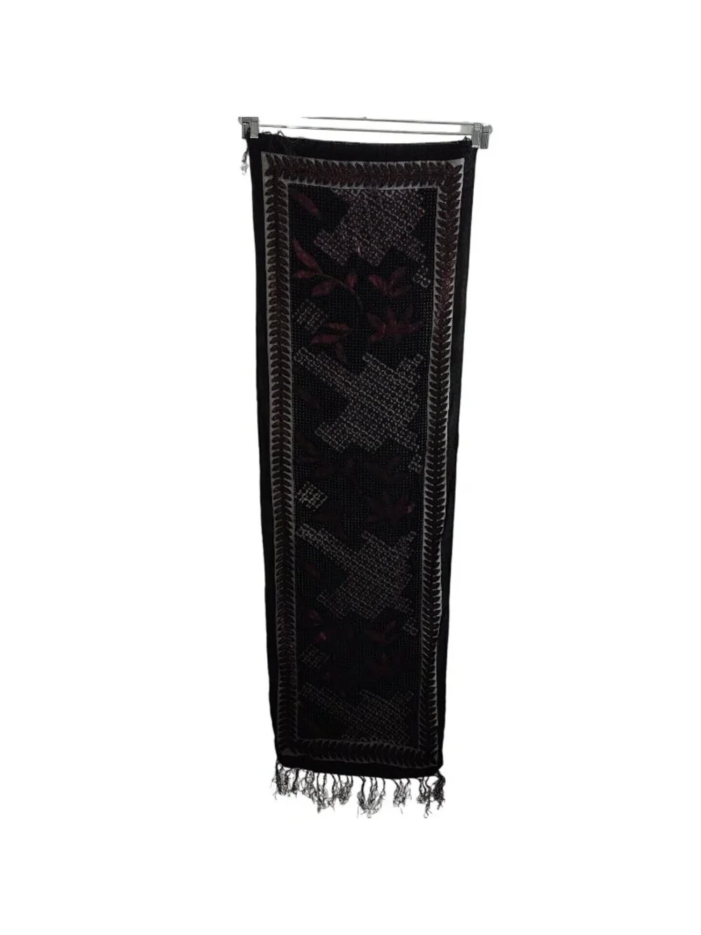 Black Pink Viscose Silk Flocked Scarf Wrap Fringe Lightweight Unbranded